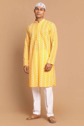 Men'S Orange And White Pure Cotton Kurta Pyjama Set