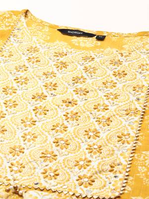 Showoff women's round neck ethnic motifs block print mustard straight kurta and trouser with dupatta 2