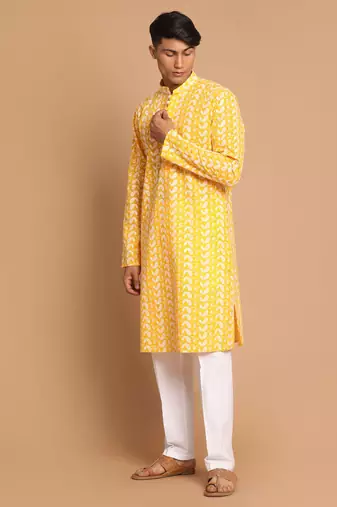 Orange And White Pure Cotton Kurta Pyjama Set
