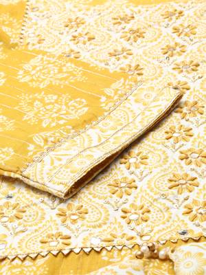 Showoff women's round neck ethnic motifs block print mustard straight kurta and trouser with dupatta 3