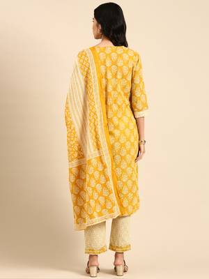 Showoff women's round neck ethnic motifs block print mustard straight kurta and trouser with dupatta 4