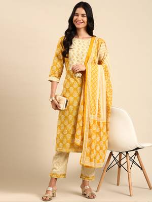 Showoff women's round neck ethnic motifs block print mustard straight kurta and trouser with dupatta 5