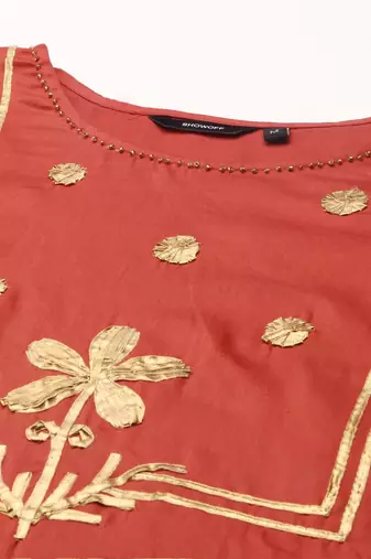 women's scoop neck solid rust straight kurta and skirt with dupatta