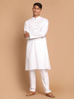White Cotton Blend Kurta Pyjama Set 1