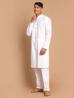 White Cotton Blend Kurta Pyjama Set 2