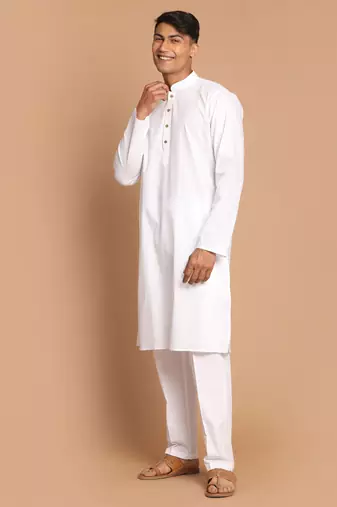 White Cotton Blend Kurta Pyjama Set