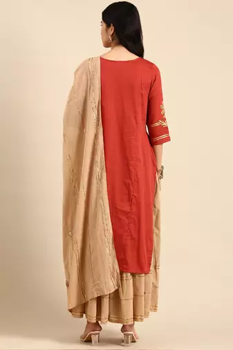 women's scoop neck solid rust straight kurta and skirt with dupatta