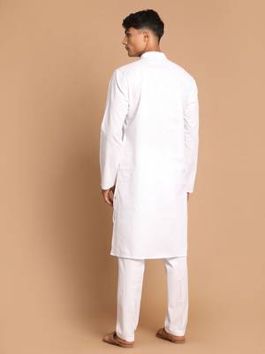 White Cotton Blend Kurta Pyjama Set 3