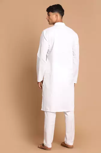 White Cotton Blend Kurta Pyjama Set