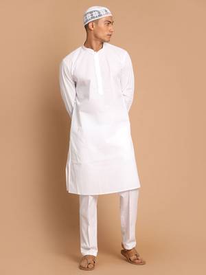 White Cotton Blend Kurta Pyjama Set 1