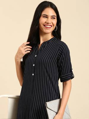 women's mandarin collar striped navy blue straight kurta and trouser 1