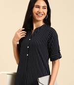 women's mandarin collar striped navy blue straight kurta and trouser