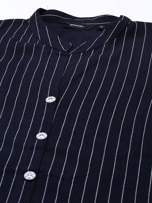 women's mandarin collar striped navy blue straight kurta and trouser 2