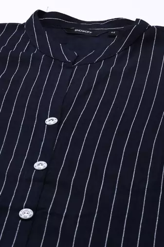 women's mandarin collar striped navy blue straight kurta and trouser