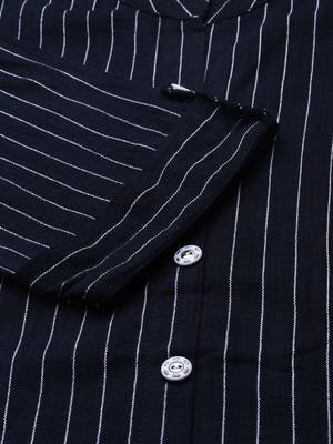 women's mandarin collar striped navy blue straight kurta and trouser 3