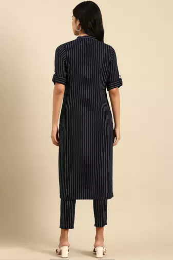 women's mandarin collar striped navy blue straight kurta and trouser