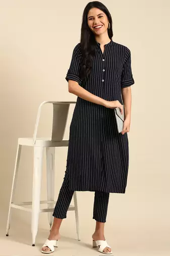 women's mandarin collar striped navy blue straight kurta and trouser