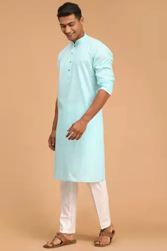 Aqua And White Cotton Blend Kurta Pyjama Set