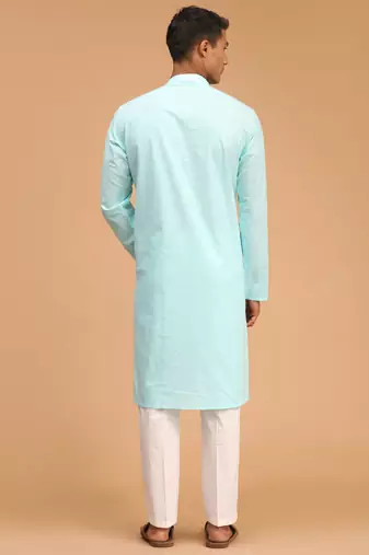 Aqua And White Cotton Blend Kurta Pyjama Set