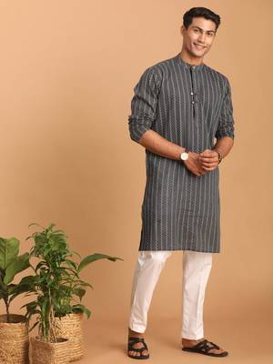 Grey And White Cotton Kurta Pyjama Set 1