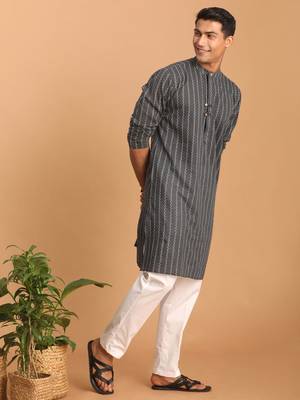 Grey And White Cotton Kurta Pyjama Set 2