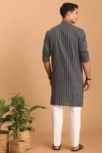 Grey And White Cotton Kurta Pyjama Set
