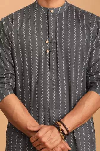 Grey And White Cotton Kurta Pyjama Set