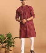 Men'S Maroon And White Cotton Kurta Pyjama Set