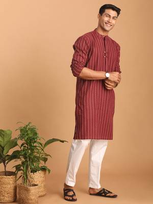 Maroon And White Cotton Kurta Pyjama Set 2