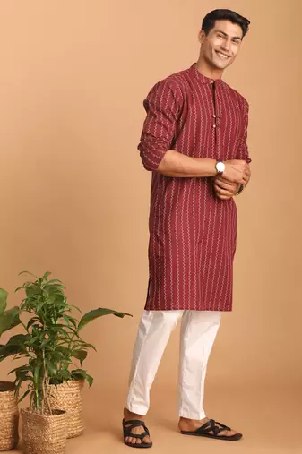 Maroon And White Cotton Kurta Pyjama Set