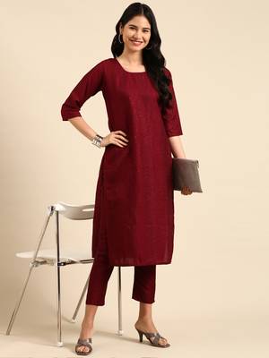 women's scoop neck solid burgundy straight kurta and trouser 4