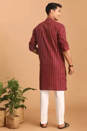 Maroon And White Cotton Kurta Pyjama Set
