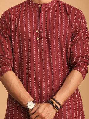Maroon And White Cotton Kurta Pyjama Set 4