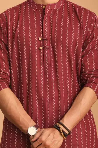 Maroon And White Cotton Kurta Pyjama Set