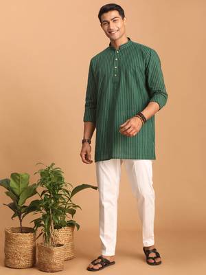 Green And White Cotton Kurta Pyjama Set 1