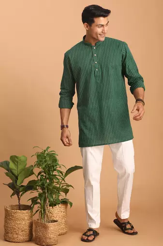 Green And White Cotton Kurta Pyjama Set