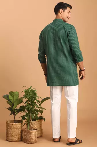 Green And White Cotton Kurta Pyjama Set