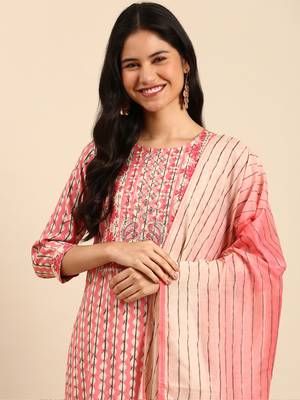 Showoff women's round neck abstract pink straight kurta and trouser with dupatta 1