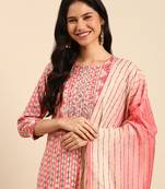 Showoff women's round neck abstract pink straight kurta and trouser with dupatta