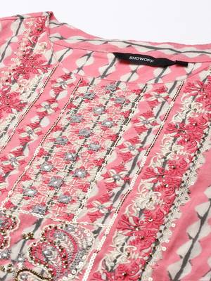 Showoff women's round neck abstract pink straight kurta and trouser with dupatta 2