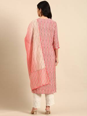 Showoff women's round neck abstract pink straight kurta and trouser with dupatta 4
