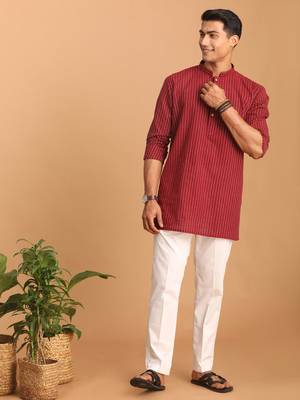 Maroon And White Cotton Kurta Pyjama Set 2