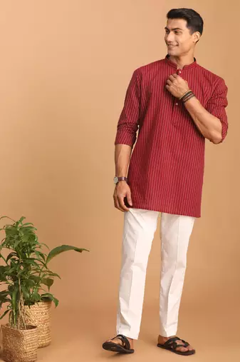 Maroon And White Cotton Kurta Pyjama Set