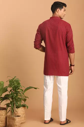 Maroon And White Cotton Kurta Pyjama Set