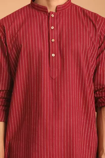 Maroon And White Cotton Kurta Pyjama Set
