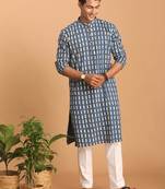 Indigo Blue And White Cotton Kurta And Pyjama Set