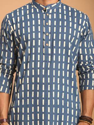 Indigo Blue And White Cotton Kurta And Pyjama Set 4