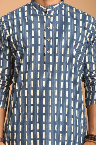 Indigo Blue And White Cotton Kurta And Pyjama Set