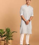 Grey And White Cotton Kurta And Pyjama Set
