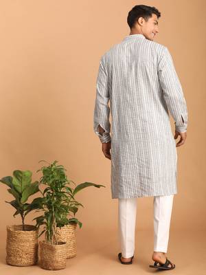 Grey And White Cotton Kurta And Pyjama Set 3